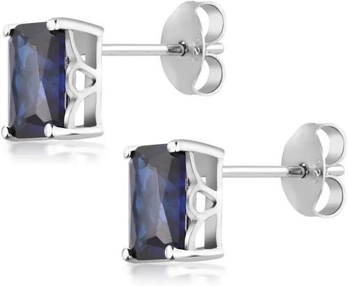 Vista 4 de Gem Stone King Aretes de tuerca de zafiro azul simulado de 2.00 quilates para mujeres y hombres, plata de ley 925, corte esmeralda de 0.276 x 0.197
