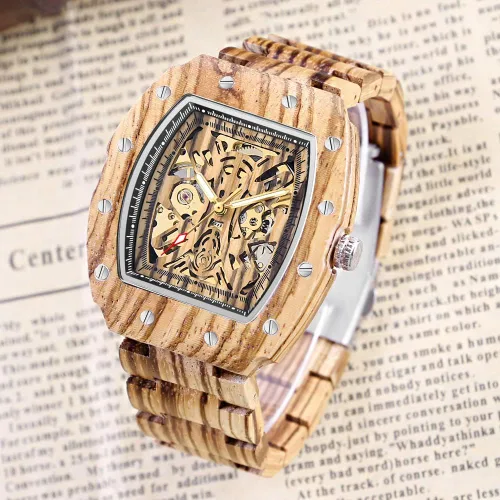 Vista 2 de Dentily Reloj de madera para hombre, triángulo, esqueleto automático, reloj mecánico de madera para hombre