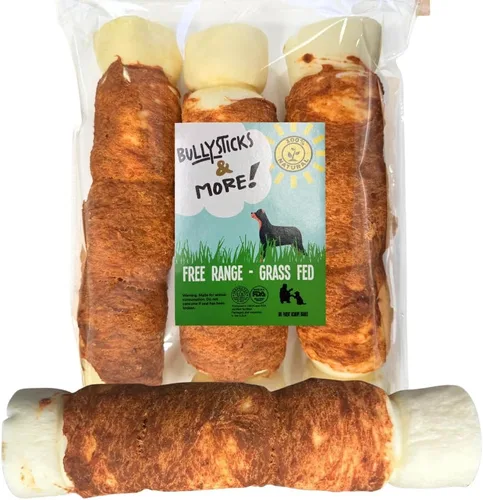 Vista 10 de BULLYSTICKS & MORE Rollos de carrillera de res de 5-6" para perros (envueltos en pollo - 3 unidades) - Huesos de carrillera de res para perros