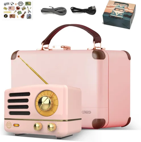 Vista 9 de Muzen Altavoz Bluetooth portátil, pequeño altavoz inalámbrico vintage de metal OTR, radio FM retro con antena AUX, audio estéreo de alta fidelidad