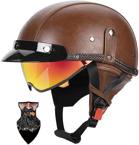 Vista 20 de Cascos Moto Retro Jet Vintage Medio, DOT Homologado Visera Retráctil PC y Hebilla Rápida, Desmontable para Hombre Mujer Adultos, Scooter Crucero