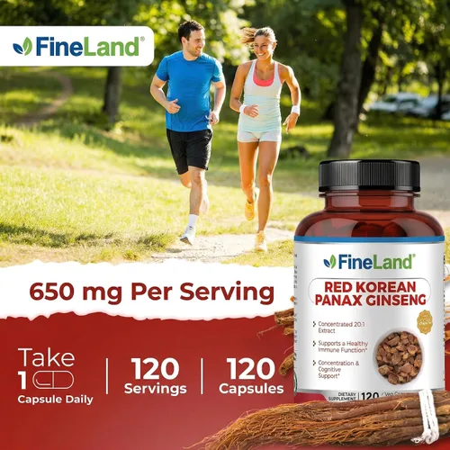 Vista 2 de FineLand Red Korean Panax Ginseng Extracto 20:1 - Suplemento concentrado de apoyo inmunológico y cognitivo para hombres y mujeres - 120 cápsulas