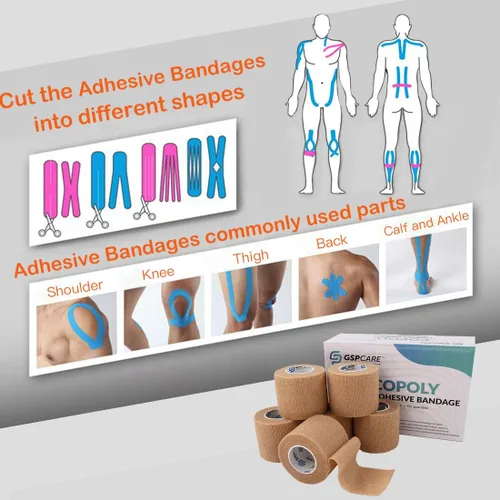 Vista 3 de Vendajes cohesivos autoadherentes, 6 unidades de 2 pulgadas x 5 yardas, cinta médica, rollos no tejidos adhesivos flexibles y transpirables