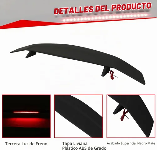 Vista 4 de Alerón universal para maletero de coche con tercera luz de freno estilo Negro mate