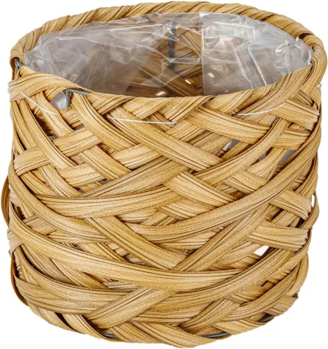 Vista 3 de Juego de 2 cestas tejidas para macetas con forro de plástico y 3 patas de madera, flores, juguetes de granja rústica (tejido grueso)