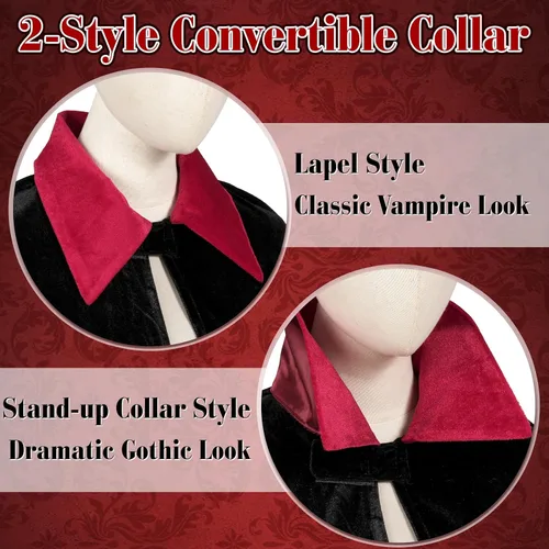 Vista 4 de Capa de vampiro, capa de terciopelo negro con cuello para disfraz Negro y rojo