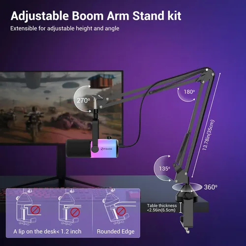 Vista 7 de FDUCE Juego de micrófono dinámico para juegos, micrófono de computadora USB/XLR para podcast con soporte de brazo extensible, luz RGB, botón