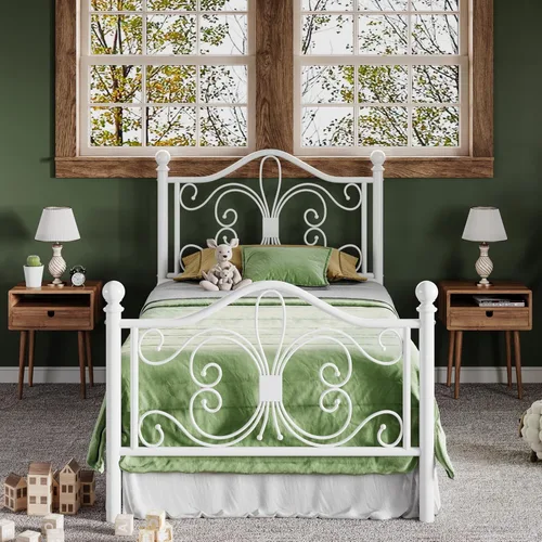 Vista 13 de Allewie Marco de cama de tamaño individual para niños, marco de cama de metal con cabecero y piecero de diseño de patrón de mariposa, no necesita