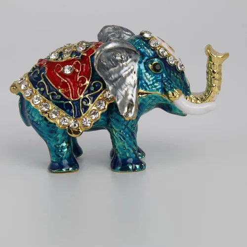 Vista 3 de Pequeña caja de baratija de elefante azul con bisagras Joyeros pintados a mano figura de elefante regalo