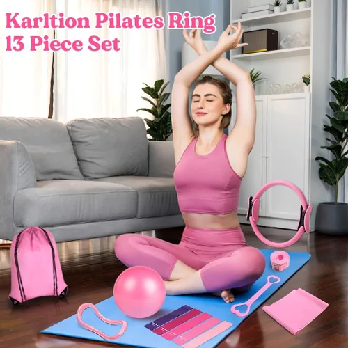 Vista 4 de Juego de anillos de pilates de 13 piezas, kit de pilates para mujer, accesorios de equipo de ejercicio, deformación, círculo mágico con asas Rosa
