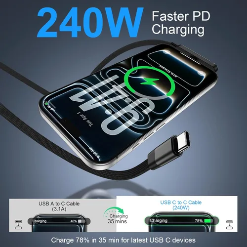 Vista 2 de Cable de carga de soporte invisible de 240 W de carga rápida USB C a USB C Negro