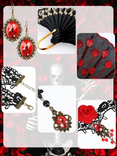 Vista 4 de BBTO 5 piezas de Halloween Rose Flamenco Mujer Accesorios Niña Rosa Flor Pinza para el pelo, Abanico Plegable de Tela de Lentejuelas, Gargantilla