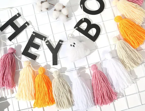 Vista 7 de Hey Boo - Pancarta con borlas de fantasma, pancarta de borla de fantasma para Halloween, decoración del hogar de Halloween, pancarta de fantasma