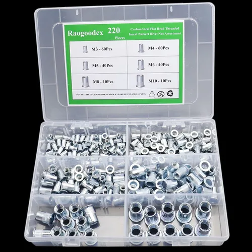 Vista 6 de Juego de 220 tuercas remachables de cabeza plana roscada, kit surtido de tuercas de remache - M3 M4 M5 M6 M8 M10
