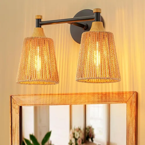 Vista 10 de Lámparas de baño bohemias, luces rústicas de tocador de 2 luces sobre el espejo, iluminación de ratán de granja con persianas tejidas a mano