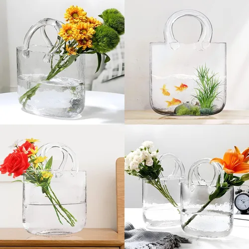 Vista 2 de Jarrones de vidrio transparente en forma de bolso, jarrones únicos de vidrio transparente con asa y diseño de burbujas, jarrones de flores de arte