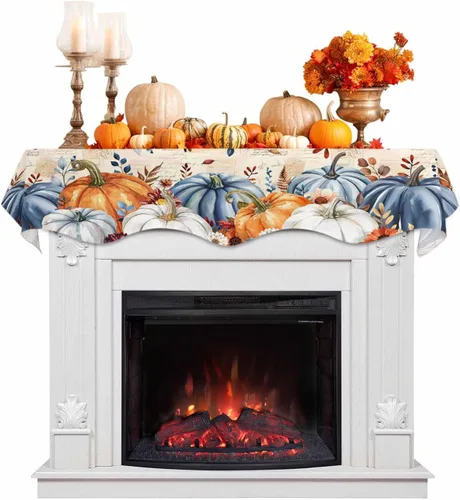 Vista 12 de Bufanda beige para chimenea de Acción de Gracias, bufanda de chimenea, calabaza de otoño, hojas de eucalipto, bufandas para chimenea, estante
