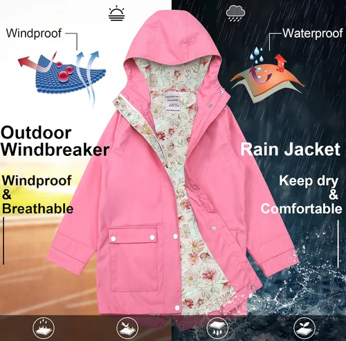 Vista 4 de SOLOCOTE Chaqueta impermeable de goma con capucha para niños, impermeable, resistente al viento, talla 5-14 años