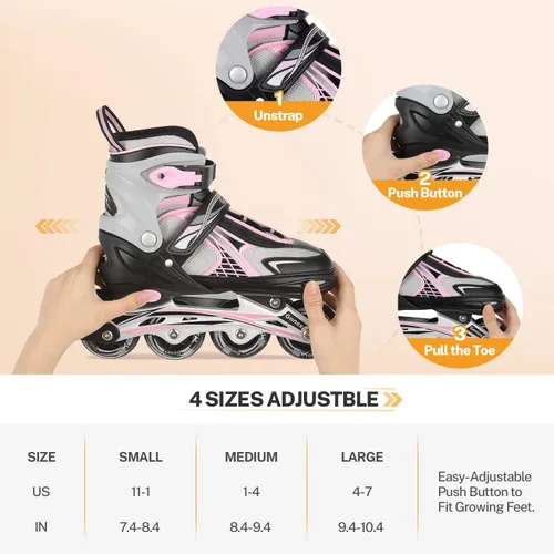 Vista 4 de Gonex Patines en línea para niñas y niños, patines ajustables para exteriores, patines en línea para niños, adolescentes y mujeres con ruedas