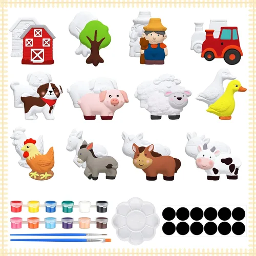 Vista 8 de Sinmoe 12 juegos de kit de arte y manualidades, kit de pintura de cerámica sin pintar DIY, pinta tus propias figuras con 12 imanes, 2 pinceles y 1