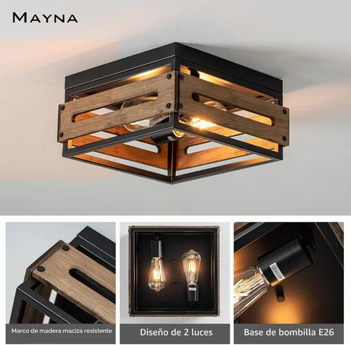 Vista 3 de MAYNA Lámpara de techo de granja, lámpara de techo rústica de 2 luces con montaje empotrado de metal y madera, accesorios de iluminación de pasillo