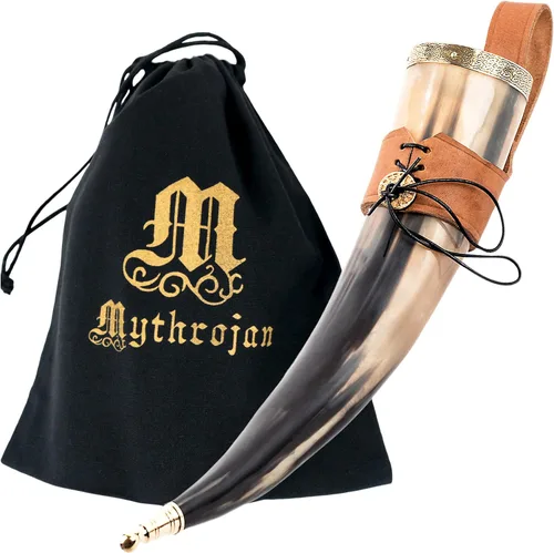 Vista 11 de Mythrojan Cuerno vikingo para beber 100% natural, auténtico, decoración de latón, cuerno nórdico con funda de cuero negro, bolsa de lona para vino