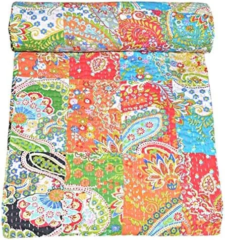 Vista 5 de YUVANCRAFTS Colcha india hecha a mano Kantha tradicional multicolor Kantha manta colcha Gudari colcha (retazos azules)