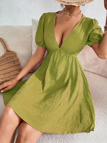 Vista 3 de WDIRARA Vestido corto acampanado con mangas abombadas y cuello en V profundo para mujer