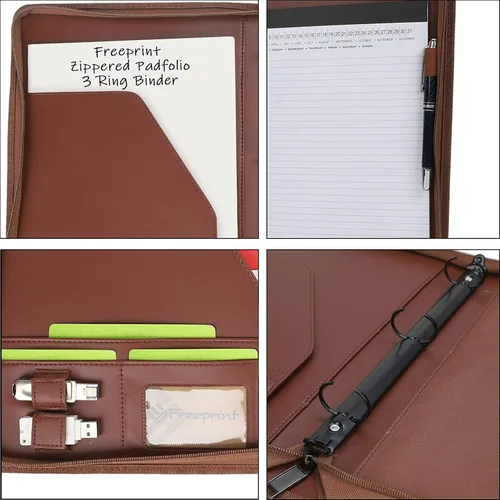 Vista 4 de portafolio con cremallera de 3 anillos, organizador de carpeta con bloc de notas tamaño carta legal - Portafolio de PU de cuero con organizador