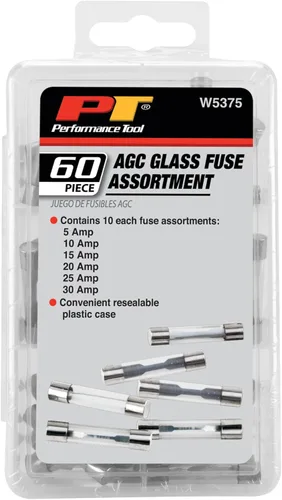 Vista 6 de Performance Tool W5375 - Surtido de fusibles de vidrio AGC (60 piezas variadas) (5A, 10A, 15A, 20A, 25A y 30A) en una caja de plástico transparente