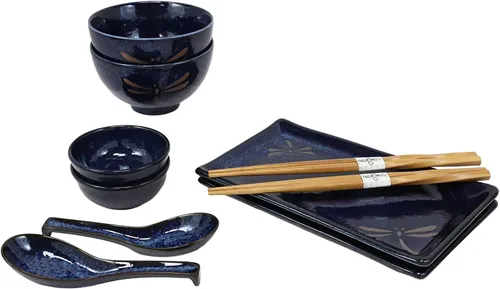 Vista 2 de Ebros Gift Juego de 10 platos japoneses de porcelana azul Tombo Dragonfly para sushi para 2 personas, pares de platos de sushi, cuencos de sopa