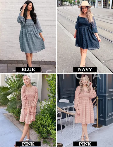 Vista 9 de ZESICA Vestido corto de verano para mujer, manga larga, cuello cuadrado, lunares suizos, fluido, acampanado, fruncido, babydoll