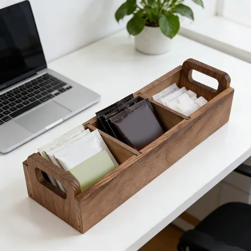 Vista 4 de Wooden Tea Bag Storage Box with 3 Compartments Dual Handles Pine Wood for Countertop Desk Kitchen Office