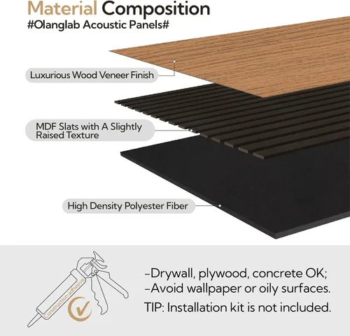 Vista 4 de Olanglab Paquete de 4 paneles de pared de madera acústica, paneles de pared de listones de madera con amortiguación de sonido, 23.6 x 47.2 pulgadas