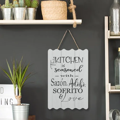 Vista 4 de By Unbranded Letrero de madera con texto en inglés «This Kitchen is Seasoned with Sazon» Adobo Sofrito & Love La Cocina española puertorriqueña