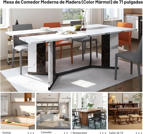 Vista 5 de Hlivelood Mesa de comedor grande de 70 pulgadas para 4 6 personas, mesa de cocina rectangular de madera con mesa impermeable, muebles rectangulares