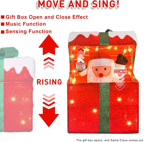 Vista 11 de PEIDUO Papá Noel de Navidad animado en caja de regalo iluminada, luces decorativas de música navideña con sensor de movimiento, decoraciones