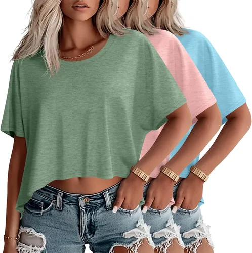 Vista 23 de Huukeay Paquete de 3 camisetas recortadas de gran tamaño para mujer, manga corta, holgadas, cuello redondo, holgadas, para entrenamiento
