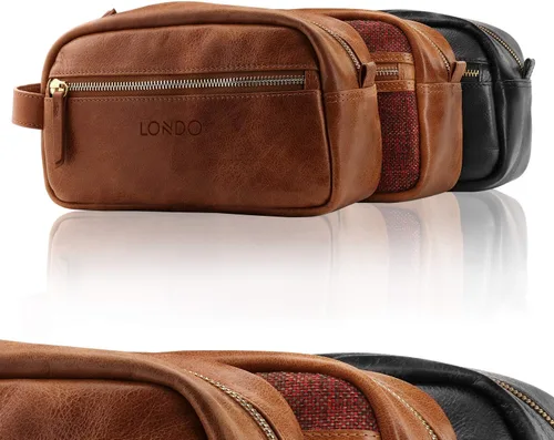Vista 6 de Londo Neceser de viaje de cuero genuino, maquillaje, bolsa organizadora de afeitado - Kits Dopp - Unisex Negro