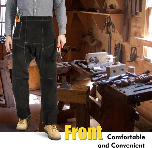 Vista 7 de Pantalones de soldadura de cuero, resistentes al calor y al fuego, protección de piernas de cuero dividido para hombres y mujeres, ajustables de M a