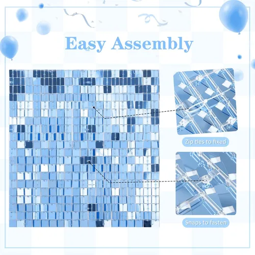 Vista 3 de 12 paneles cuadrados de lentejuelas brillantes para pared color azul claro (Baby Blue) telón de fondo decorativo para fiestas de bodas