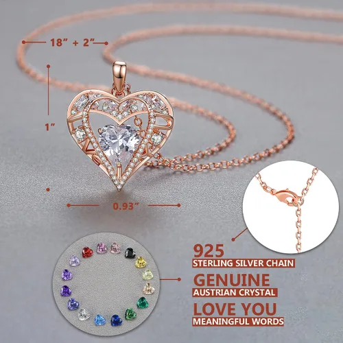 Vista 45 de Collar de cristal de 5 corazones, chapado en oro rosa de 18 quilates, colgante con cadena de plata de ley 925 de 18 + 2 pulgadas, joyería de piedra