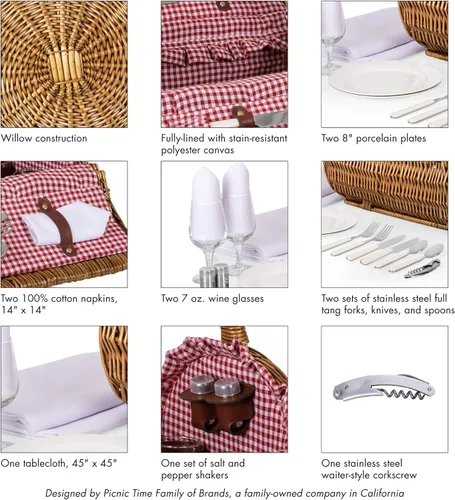 Vista 9 de Picnic TIME Cesta de picnic de mimbre para 2, romántica cesta de mimbre de madera redondeada de estilo inglés con servicio de lujo para 2