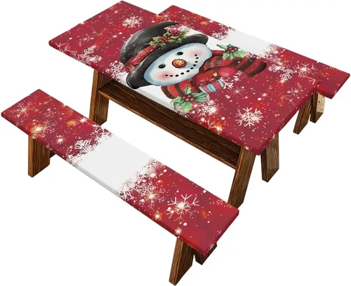 Vista 21 de Juego de 3 calcetines de árbol de Navidad de dibujos animados y galletas, funda de mesa de picnic ajustable con funda de banco, manteles Calcetines