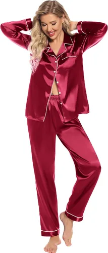Vista 3 de Leikar Pijama de seda de manga larga para mujer, conjunto de pijama suave con botones