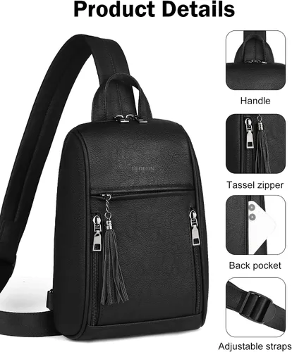 Vista 5 de FADEON Bolso bandolera grande para mujer, mochila cruzada de piel sintética, bolso de viaje a la moda para el pecho, bolso negro, Bolso bandolera