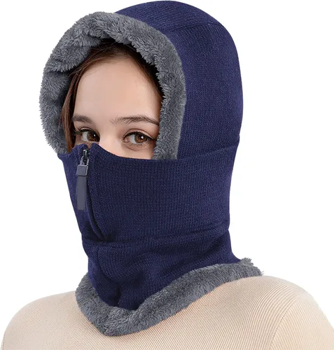 Vista 2 de Pasamontañas de invierno con forro polar para mujer, resistente al viento, cálido, de punto, cubierta completa con capucha