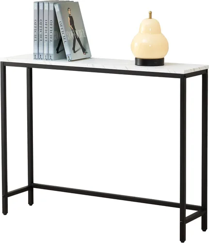 Vista 12 de loglus Mesa consola para entrada, Mesa de sofá de MDF de mármol sintético con marco dorado (Multicapa, Marco Negro)