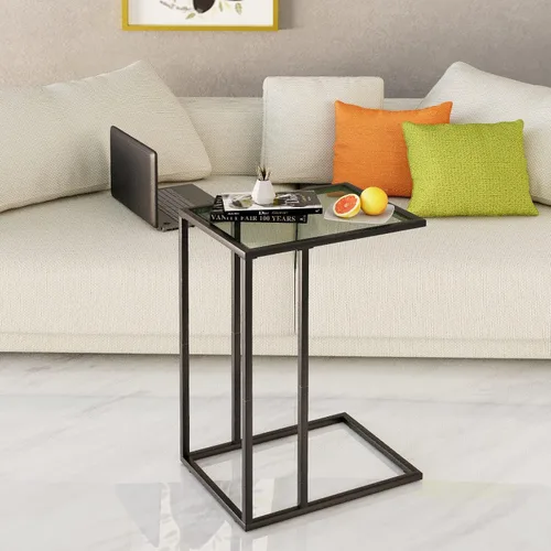 Vista 6 de Mesa auxiliar en forma de C, mesa auxiliar pequeña para sofá, mesa auxiliar de vidrio templado con marco de metal para espacios pequeños, sala