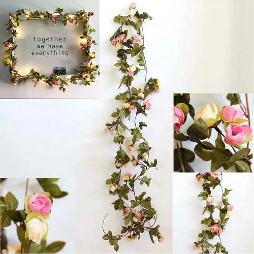 Vista 2 de Fielegen Guirnalda de 20 luces LED de flores artificiales de 7.2 pies con pilas, guirnalda de flores artificiales con luces de vid de rosas